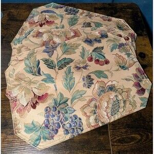 Granny Chic Placemats Victorian Style Floral Grapes Tan Gold Plum Set Of 4